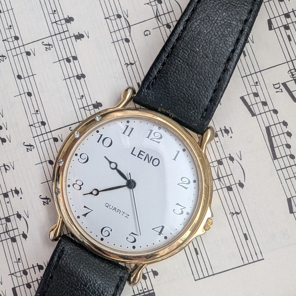 Leno Black and Gold Quartz Watch Leather Strap - Picture 1 of 7